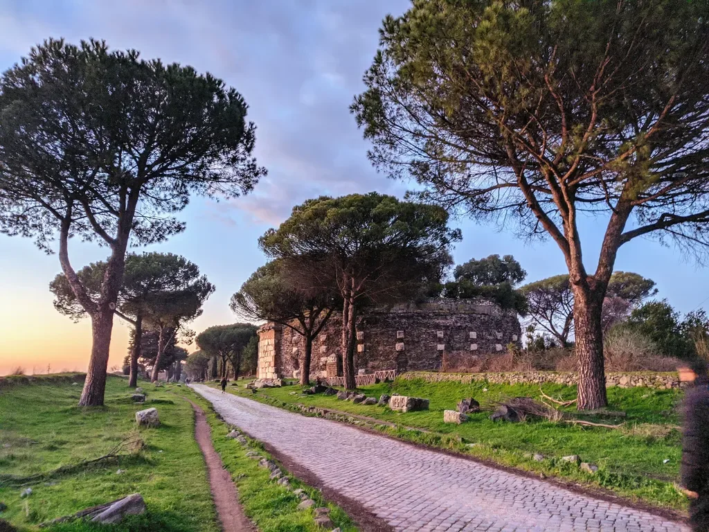 The Appian Way lined with stone remains and umbrella pines